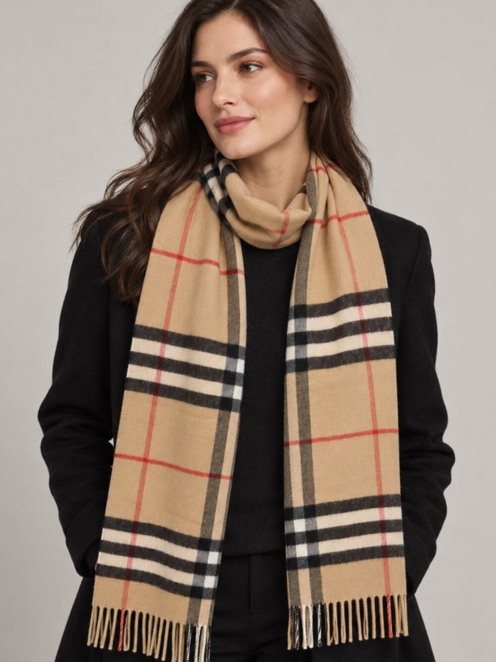 Burberry Camel, Black, White & Red Check Wool Scarf